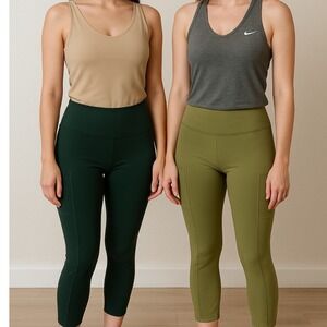 Yuga 2‎ pack of Green  Cropped High Waisted Leggings Activewear w Pockets